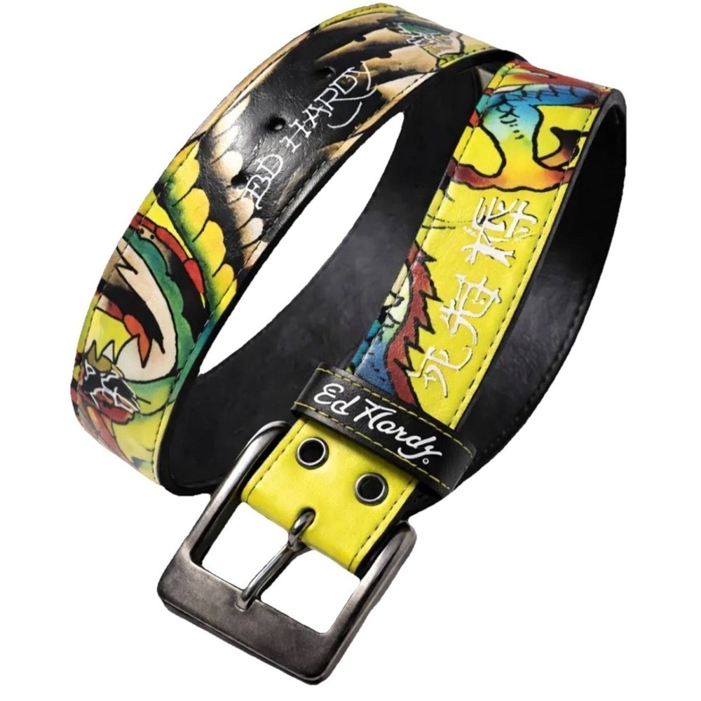 Ed Hardy Dragon Belt Neon Yellow Studded Grommet Faux Leather Size 34 New